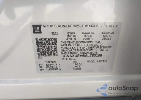 2021 Chevrolet Equinox Awd Lt from USA, damaged, VIN 3GNAXUEV6ML360109